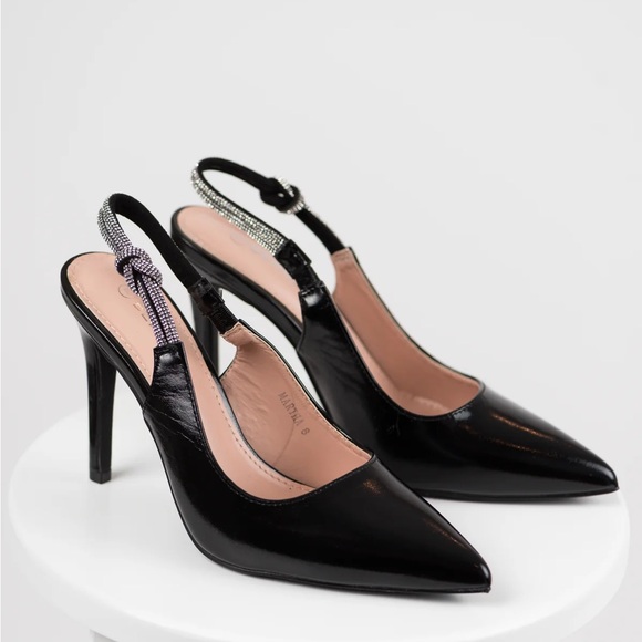 New Black Slingback Rhinestone Strap Pointed Heels size 10 - Picture 5 of 8